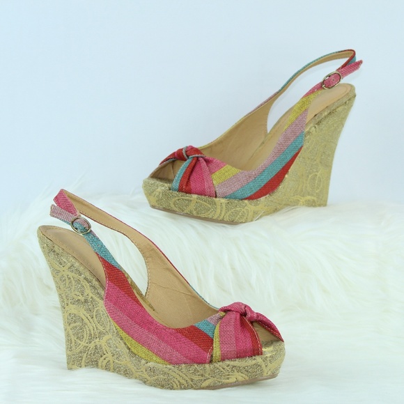 3/$25 Canvas Stripe Peep Toe Wedge Sandals - Picture 1 of 4